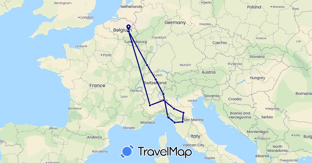 TravelMap itinerary: driving in Belgium, Switzerland, France, Italy (Europe)